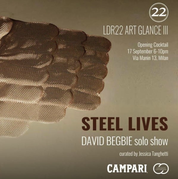 An angel wing of a wire-mesh sculpture adorns the invitation text to an art exhibition at LDR22 Art Glance, Milano
