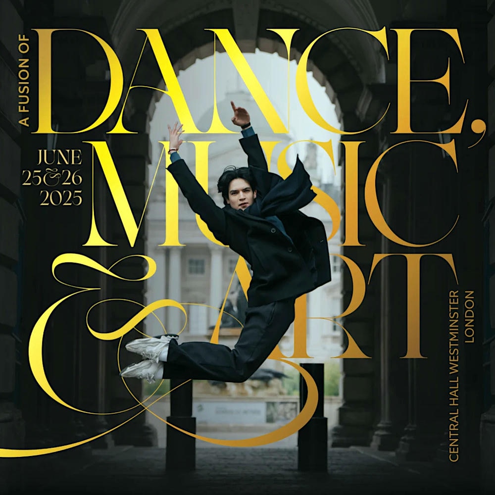 Invitation for an undeniably Unique Event that Transcends the Traditional Theatrical Experience - Gala De Danza June 2025. Image shows a ballet dancer jumping in front of a classical London Building