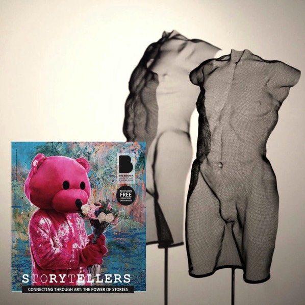 A teddy-bear announces the museum exhibition Storytellers - connecting through art - the power of Stories