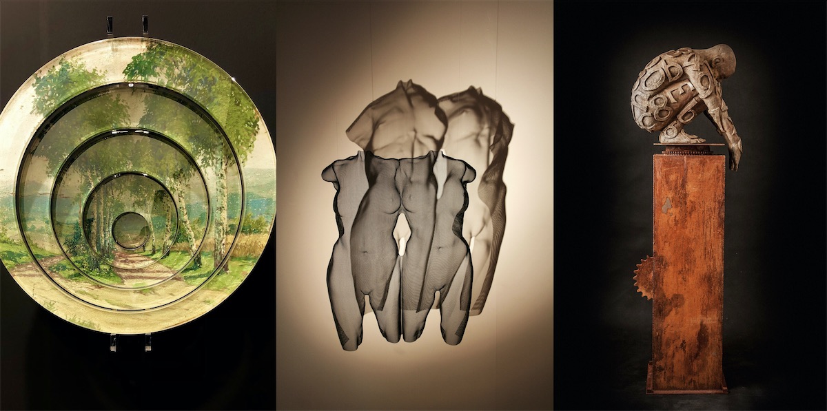 Three contemporary sculpture with dark background at an art exhibition in Padova