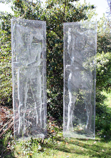 Wire sculptures in cages  as an expressive garden artwork