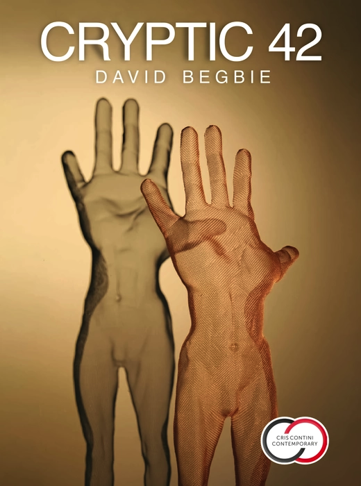 Title of sculpture catalogue Cryptic 42 depicting a wire-mesh sculpture of a hand sculpture by artist David Begbie