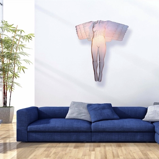 Ambient interior design image with a large sculpture of an angel is positioned above a blue sofa