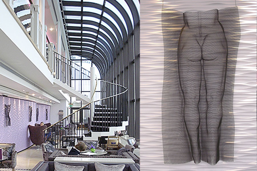 2 views with gym and lounge of a London hotel gym including modern art
