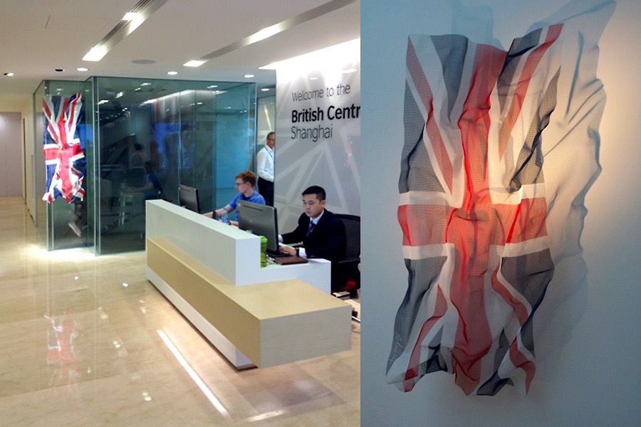 Sculpture of the British flag as a wallpiece at ambassy