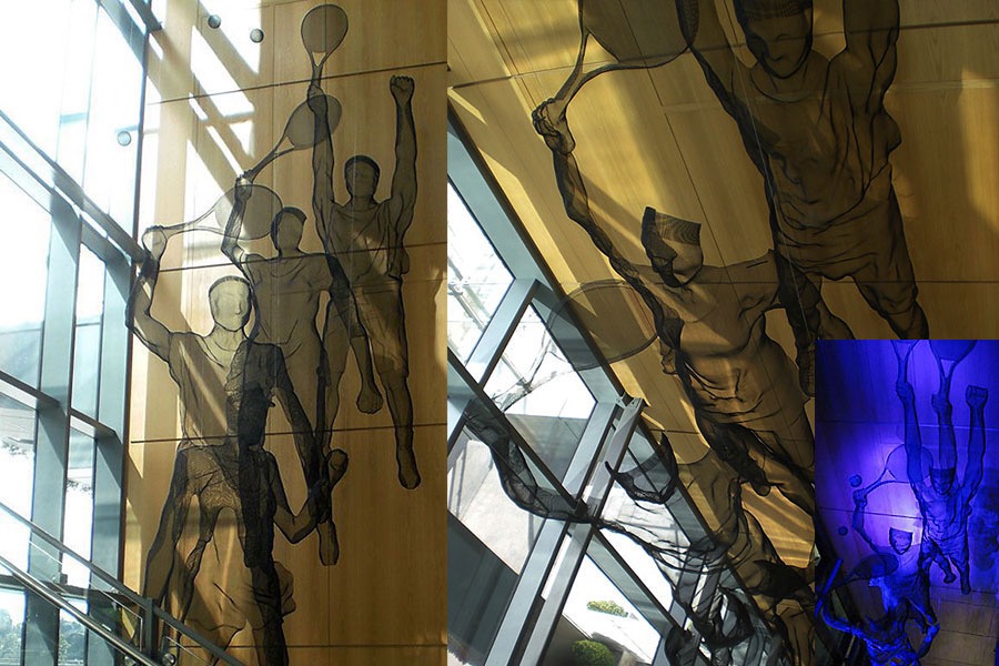 Very large sculpture composition for ALTC Wimbledon: 4 tennis players in wiremesh