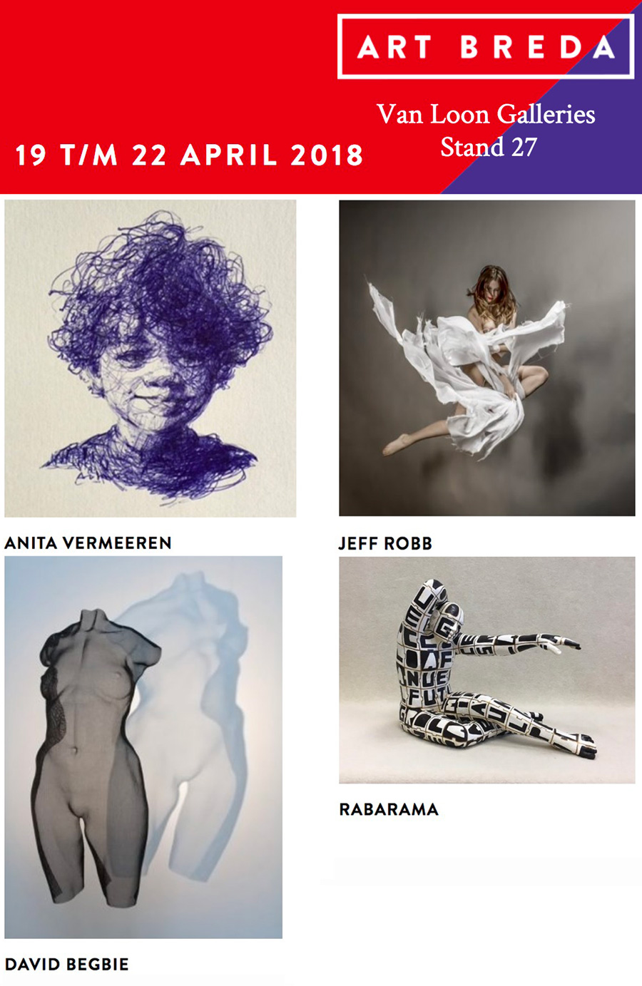 Art Fair announcement 2018 with images of artworks by David Begbie, Jeff Robb and Rabarama