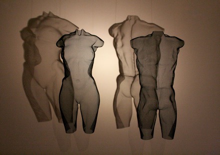 wire-art sculpture by David Begbie - CYNT and CYNW 2016, female and male torso, suspended