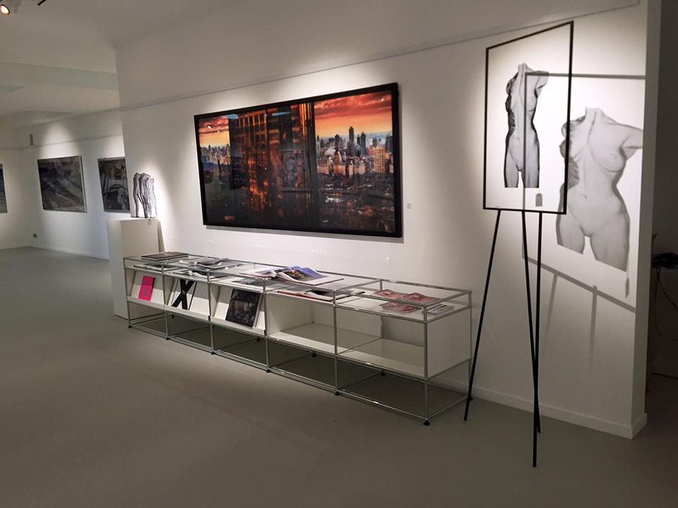 art exhibition with photography and mesh sculpture of a nude girl torso