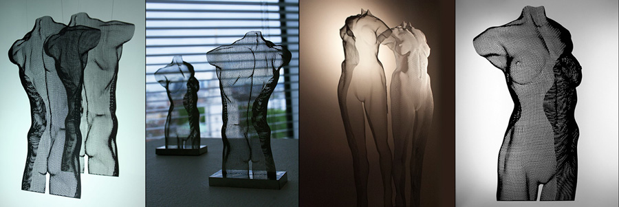 Male muscular bodies and feminine sculpture by David Begbie at art exhibition in Cambridge