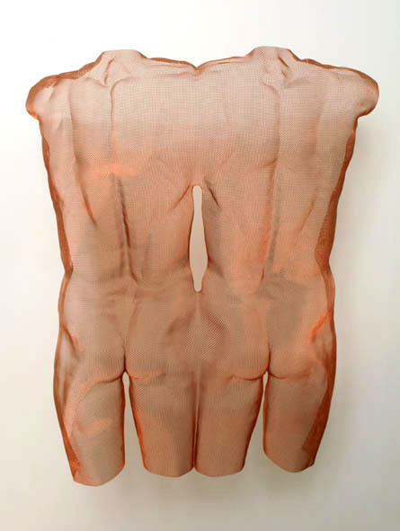 back of two nude boys as contemporary artwork in wire-mesh