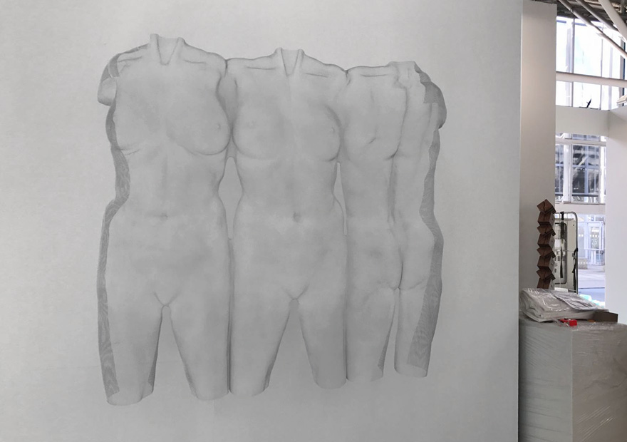 art fair booth with wire-art - female torso in white steel