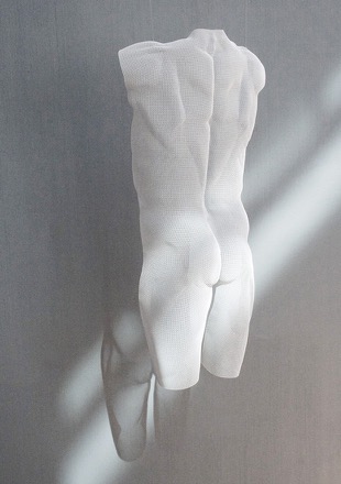 White finished male torso sculpture ASPRO in wire-mesh by David Begbie