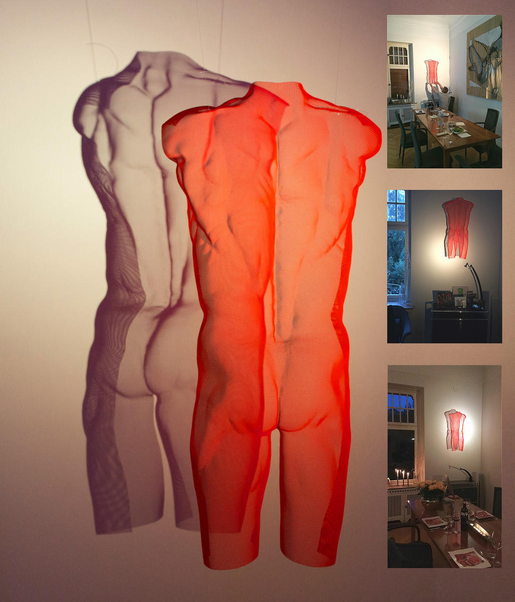 A figurative torso is installed in a private dining room