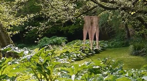 Beautiful garden with outdoor sculpture in transparent wire-mesh