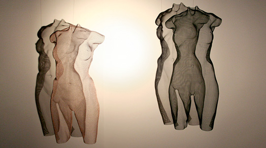 Two torso sculptures made from wire-mesh are lit with a spotlight to create stunning reflections.